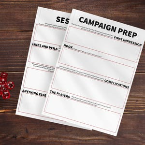 May include: Two white sheets with red borders and text for campaign preparation, including "Campaign Prep" and "First Impression." A cluster of red dice is on the left. The sheets are on a dark wood surface.