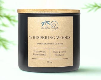 Beeswax Candle with Wood Wick Long Lasting Non-Toxic Whispering Woods Candle Natural Woodsy Essential Oil Candle Earthy Nature Lovers Gift