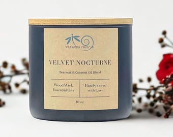 Beeswax Candle with Wood Wick Long Lasting Non-Toxic Velvet Nocturne Handmade Non-Toxic Earthy Clean Burning Candle Gift