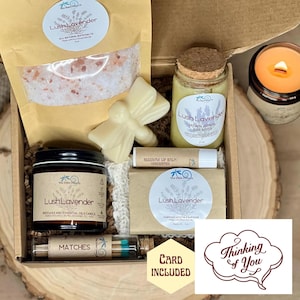 Thinking of You Relaxation Aromatherapy Gift Box, All Natural Lavender Oatmeal Self Care Spa Gift Set, Hygge Spa Care Package for Her