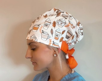 Pumpkin Spice Latte Scrub Cap: Fall Coffee Print, Cotton Euro Hat