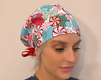 Peppermint Swirl Christmas Scrub Cap: Adjustable Nurse Hat