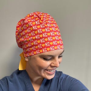Love, KC Football, Chiefs, Scrub Hat, Surgical Cap, Surgeon, Doctor, Dentist, Football Fan, OR, Anesthesia, Red and Yellow, KC, Quick Ship