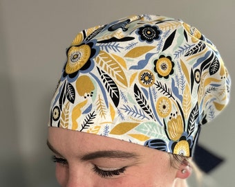 Floral Scrub Cap: Navy and Gold Flower Print, Adjustable Scrub Hat