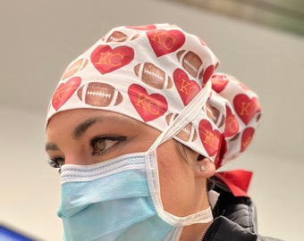 Love, KC Football, Chiefs, Scrub Hat, Surgical Cap, Surgeon, Doctor, Dentist, Football Fan, OR, Anesthesia, Red and Yellow, KC, Quick Ship