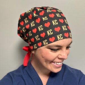 Kansas City Love, Chiefs, Scrub Hat, Surgical Cap, Surgeon, Doctor, Dentist, Football Fan, OR, Anesthesia, Red and Yellow, KC, Quick Ship