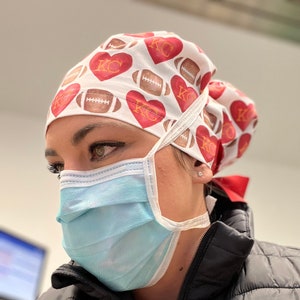 Love, KC Football, Chiefs, Scrub Hat, Surgical Cap, Surgeon, Doctor, Dentist, Football Fan, OR, Anesthesia, Red and Yellow, KC, Quick Ship