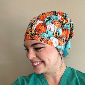 Fall Pumpkins Scrub Cap, fall cap, fall scrub hat, fun scrub cap for fall, pumpkin, blue, orange, Operating Room, Nurse, Doctor