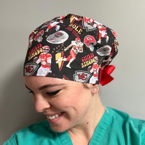Chiefs Kingdom, Scrub Hat, Surgical Cap, Surgeon, Doctor, Dentist, Football Fan, OR, Anesthesia, Red and Yellow, KC, Quick Ship