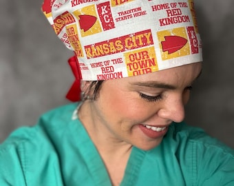 KC Home of the Red Kingdom Chiefs Football Scrub Hat: Red & Yellow Surgical Cap