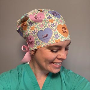 Anti-Valentines Day Cross Stitch, Vintage Candy Hearts Scrub Cap