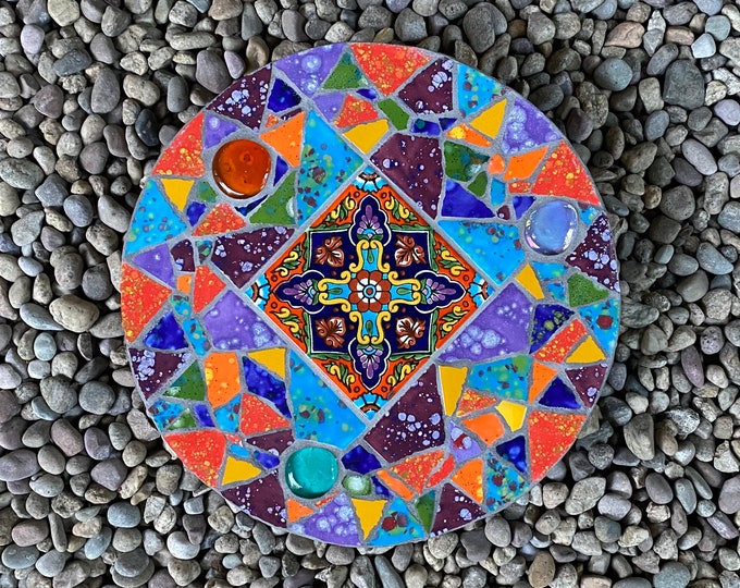 Talavera Mosaic Tile Stepping Stone, Mosaic Art Stepping Stone, Garden