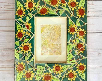 Mosaic Sunflower Picture Frame, Hand-Cut Talavera Tile Art, 5x7 Opening