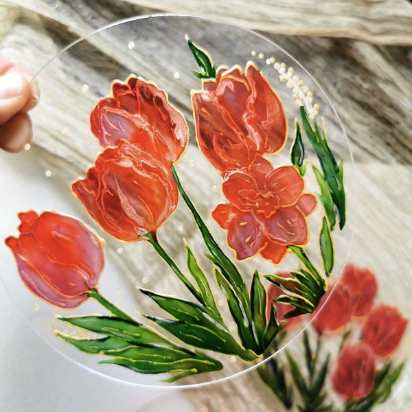 Red Gold Tulips Circle Suncatcher painted in Stained Glass Style Window decor Wall decor Red Flowers Gift Floral Wedding Garden Lovers Gift