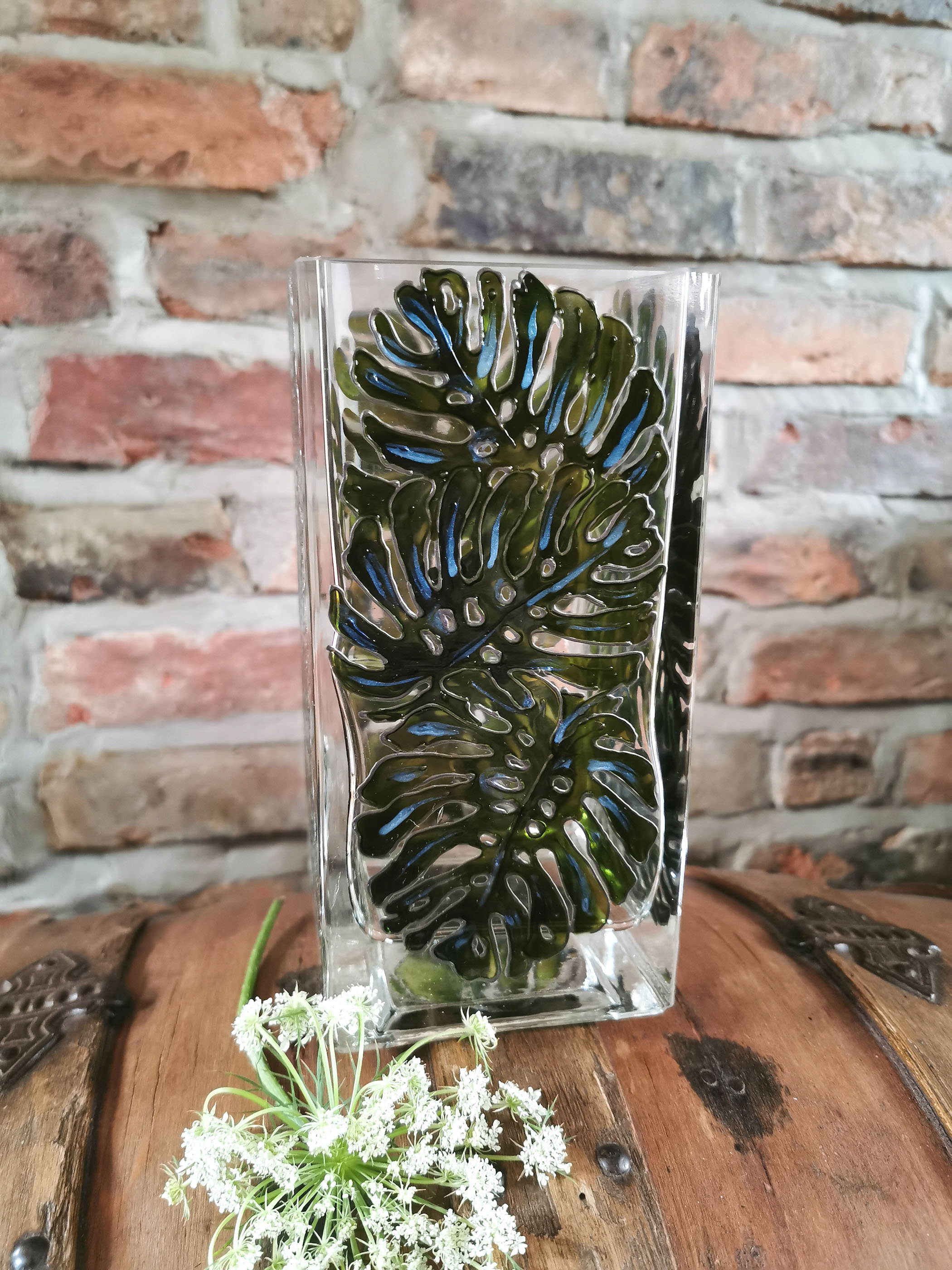 Hand Painted Monstera Glass Vase Green Monstera Leaves Tall Etsy