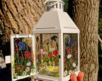 Wild Flowers Hand Painted Metal White Lantern Tealight holder, Woman Floral Gift Wedding Decor Table Lamp, Valentine's Gift, Meadow Lovers