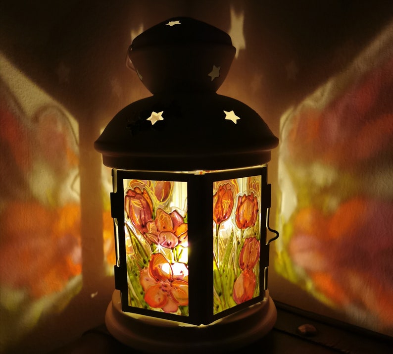 Red Tulips Lantern Candle Holder Glass Painting Hand Etsy