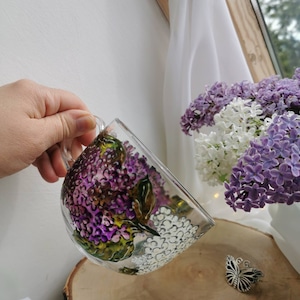 Lilac Flowers Hand Painted Big Glass Mug Tea Lovers Gift Coffee Lovers, Floral Coffee Gift for Grandma Unique Women Gifts Painted Glassware