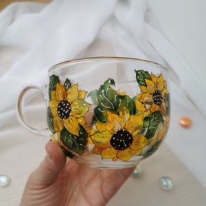 Sunflowers coffee mug Big Sunflower glass cup, Office big mug Mothers Granma gift Sunflower lovers gift Hand painted glassware Perfect Mug