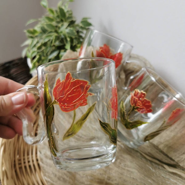 Red Gold Tulips MUG Stained glass cup Tulip mug Floral cup Office mug Mothers Granma gift Tulips lovers Gift Hand painted Glassware Mug