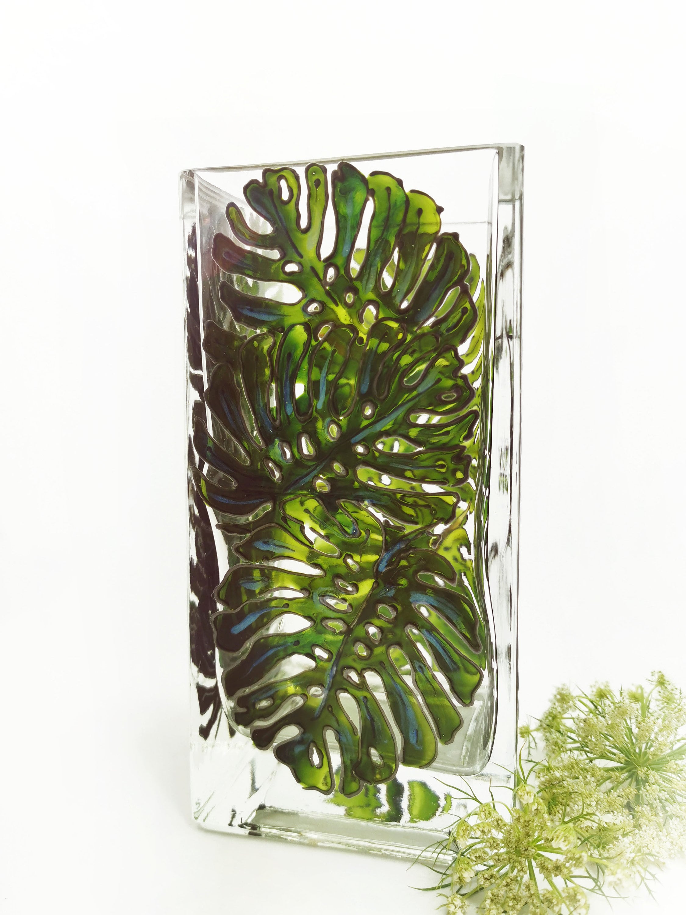 Hand Painted Monstera Glass Vase Green Monstera Leaves Tall Etsy