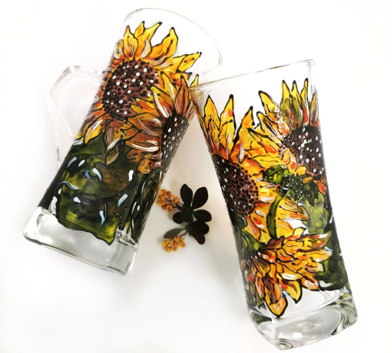 Stunning Sunflowers Tall Glass Cup Mug Hand Painted in Etsy