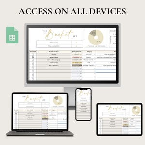 Op de afbeelding: Een mockup van een bucketlist-app op een computer, tablet en telefoon. De app heeft een lijst met doelen, een voortgangsbalk en een cirkeldiagram dat het percentage voltooide doelen laat zien. De app heet "The Bucket List".