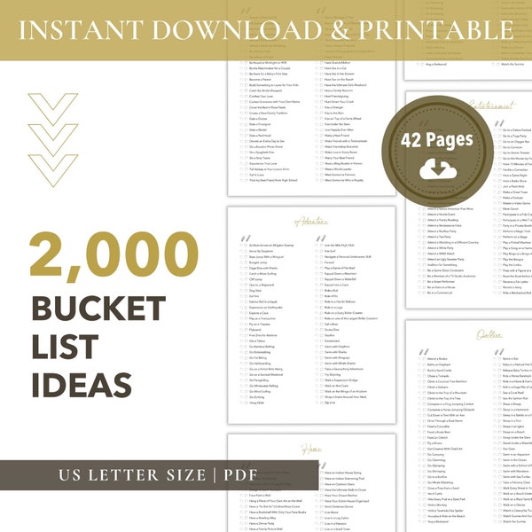 2,000 Bucket List Ideas Checklist Printable, Travel Bucket List Ideas, Creative Ideas, Digital Planner, Activities for Adults and Kids