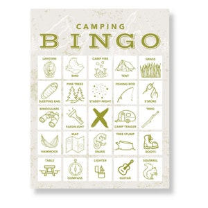 Cartões de bingo de acampamento, download digital instantâneo para impressão