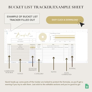Op de afbeelding: Een afdrukbare bucketlist-tracker met een geel en bruin kleurenschema. De tracker bevat secties voor doelen, status en prioriteit, categorie, notities, datum van voltooiing en een beoordelingssysteem. De tekst "The Bucket List" is in cursief geschreven op een cirkel.