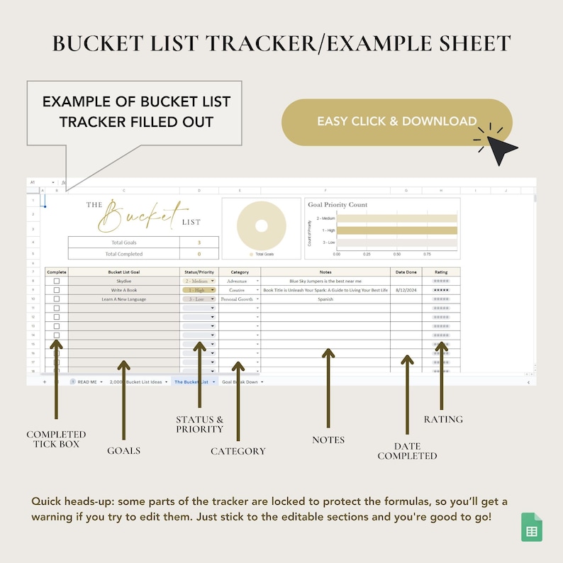 Op de afbeelding: Een afdrukbare bucketlist-tracker met een geel en bruin kleurenschema. De tracker bevat secties voor doelen, status en prioriteit, categorie, notities, datum van voltooiing en een beoordelingssysteem. De tekst "The Bucket List" is in cursief geschreven op een cirkel.