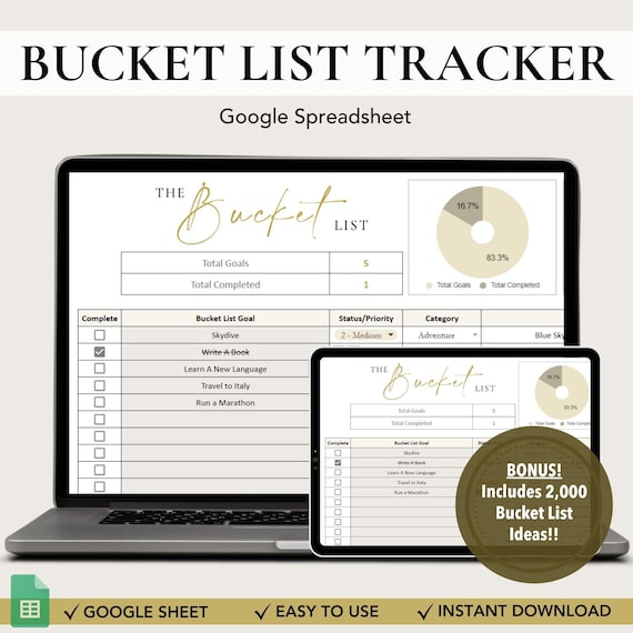 Bucket List Tracker Spreadsheet, Bucket List Template, Bucket List Planner, Google Sheet Editable, Instant Digital Download