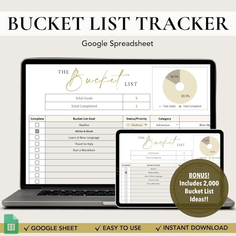 Op de afbeelding: Een Google Spreadsheet-sjabloon voor het bijhouden van een bucketlist. De spreadsheet bevat een lijst met doelen, een kolom voor status/prioriteit en een kolom voor categorie. De spreadsheet bevat ook een cirkeldiagram dat het percentage voltooide doelen laat zien. De tekst "BONUS! Bevat 2.000 Bucket List-idee&euml;n!!" wordt weergegeven in de rechterbenedenhoek van de afbeelding.
