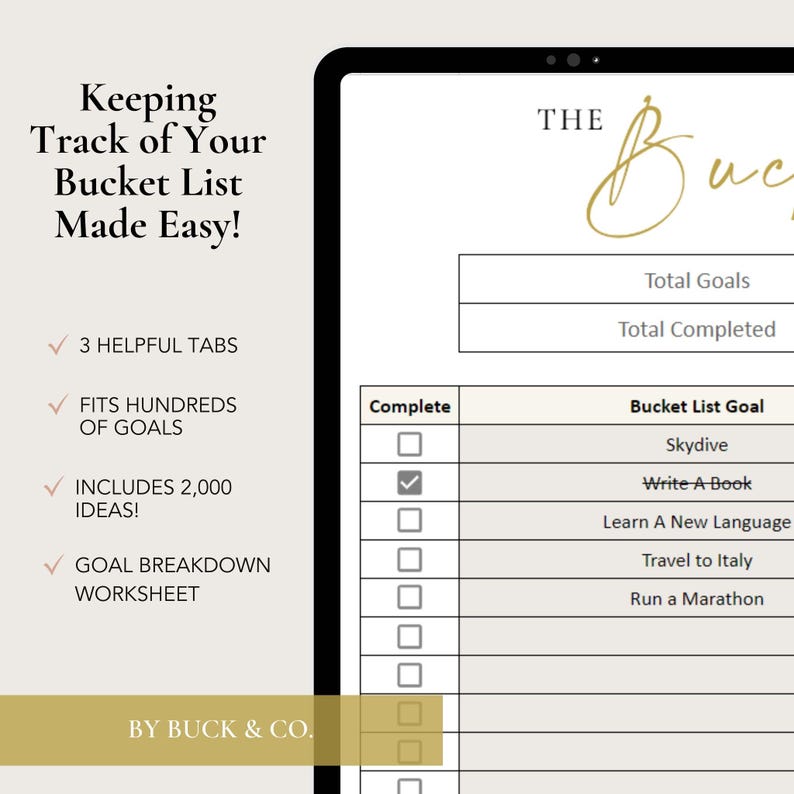 Op de afbeelding: Een afdrukbare bucketlist-tracker met een checklist om doelen bij te houden. De tracker bevat een sectie voor het totale aantal doelen en het totale aantal voltooide doelen. De doelen op de bucketlist zijn onder meer skydiven, een boek schrijven, een nieuwe taal leren, naar Itali&euml; reizen en een marathon lopen.