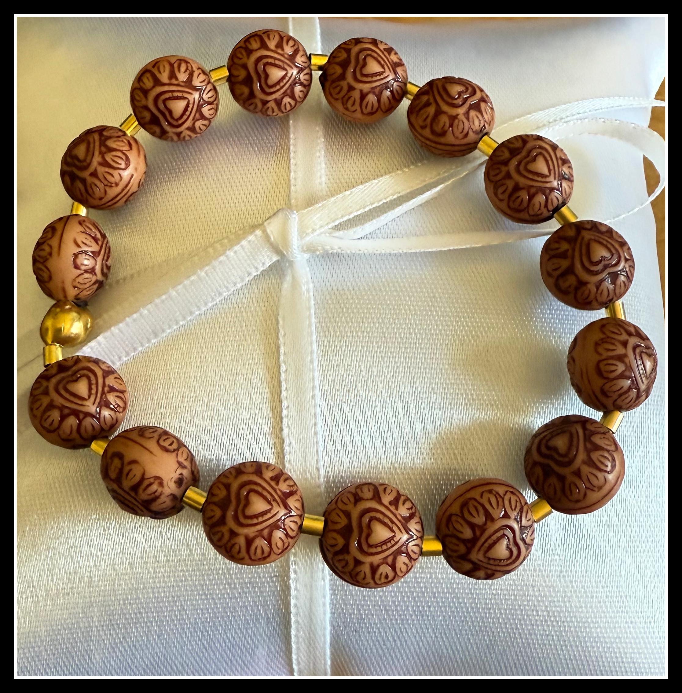 Engraved Heart Wooden Bead Bracelet: Boho Hippie Style