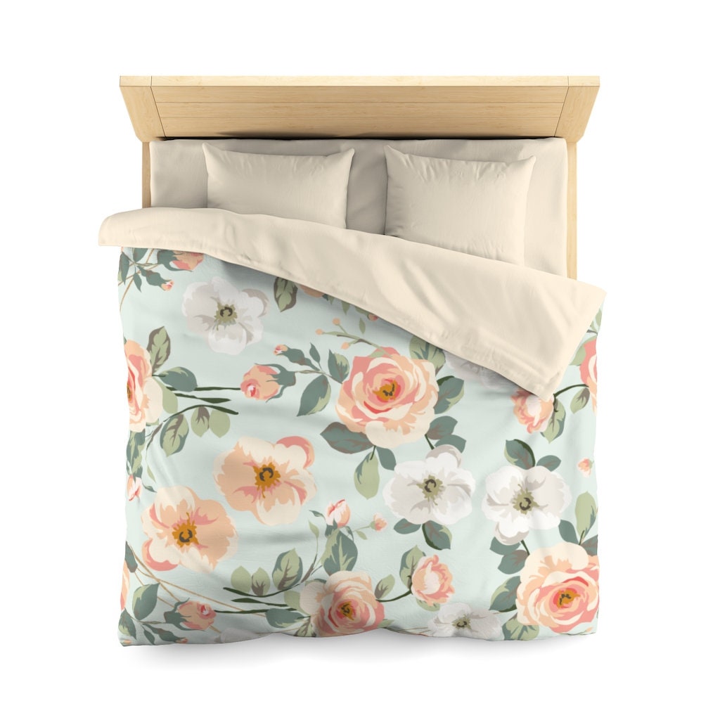 VICTORIA Peach, Green & White Floral Queen Duvet Cover - Etsy