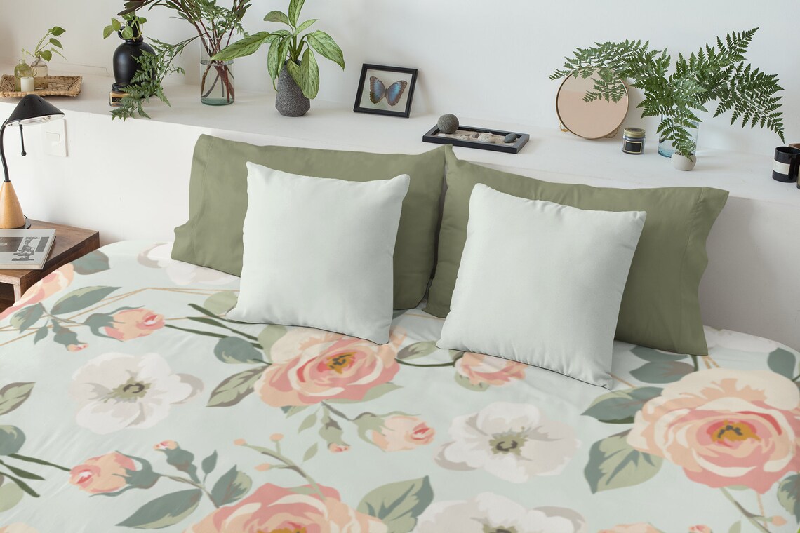 VICTORIA Pfirsich grün & weiß Floral Twin Bettbezug | Etsy