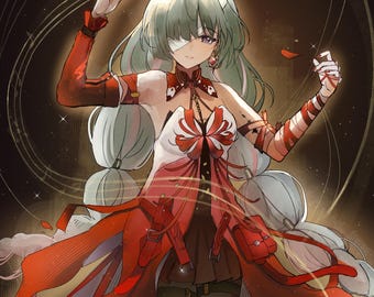May include: Digital illustration of a character in a red and white outfit, holding a glowing wand. The character has long, light green hair, an eye patch, and is surrounded by musical notes and falling petals. The artwork has a fantasy theme.