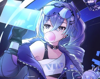 Può includere: Illustrazione in stile anime di un personaggio con capelli e vestiti blu, che indossa occhiali da sole e soffia una bolla di gomma da masticare. Il personaggio tiene in mano uno schermo luminoso. Piccole figure di cartoni animati sono sullo sfondo.