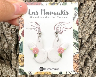 Silver Floral Bunny Dangles | Cute Spring Easter Bunny Earrings | Handmade Polymer Clay Earrings | Easter Basket Gift | Nickel Free