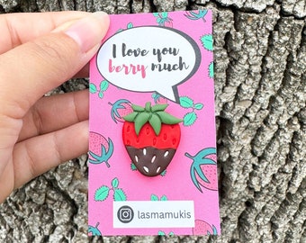 Chocolate Covered Strawberry Clay Pin | I Love You Berry Much Valentine's Day Pin | Kawaii Food Clay Pin | Handmade Polymer Clay Pin