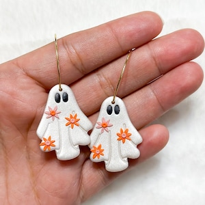 Boho Floral Ghost Hoops | Pink and Orange Flower Earrings | Halloween and Fall Earrings | Handmade Polymer Clay Earrings | Nickel Free
