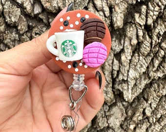 Mini Conchas with Coffee Mug Badge Reel | Mexican Pan Dulce ID Holder | Handmade Clay Badge Reel | Nurse Gift | Latinx Gift | Miniature Food