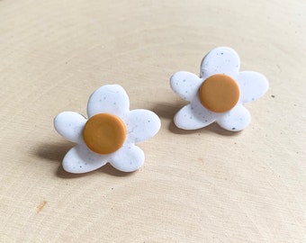 Speckled White & Mustard Yellow Abstract Flower Earrings | MADE TO ORDER | Handmade Clay Earrings | 18K Gold Plated