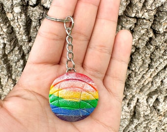 SHIMMERY Rainbow Pride Concha Keychain | Mexican Food Accessory | Handmade Polymer Clay Keychain | LGBTQ Pride Gift | Latinx Gift