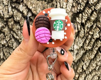 Mini Conchas con Cafecito Badge Reel | Mexican Pan Dulce ID Holder | Handmade Clay Badge Reel | Nurse Gift | Latinx Gift | Miniature Food