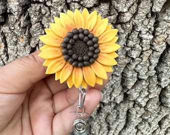 XL Sunflower Badge Reel | Cute Yellow Summer Floral ID Holder | Handmade Polymer Clay Badge Reel | Summer Accessory | Nurse Gift