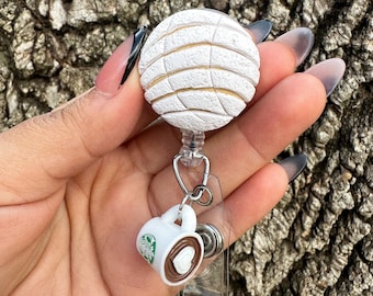 White Concha con Cafecito Badge Reel | Mexican Pan Dulce ID Holder | Handmade Clay Badge Reel | Nurse Gift | Latinx Gift | Miniature Food