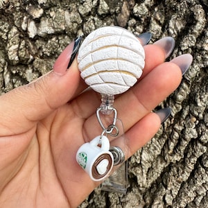 White Concha con Cafecito Badge Reel | Mexican Pan Dulce ID Holder | Handmade Clay Badge Reel | Nurse Gift | Latinx Gift | Miniature Food