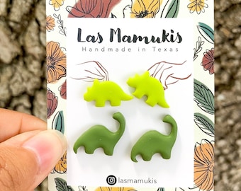 Dinosaur Stud Pack | Triceratops and Brontosaurus Clay Studs | Handmade Polymer Clay Earrings | Surgical Steel
